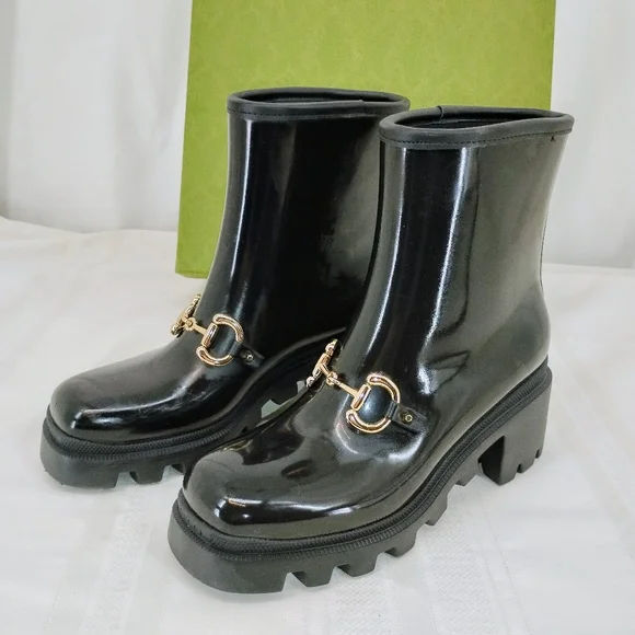 GUCCI Luxe Horse Bit Boots SNAKE ON BOTTOM! Black Rubber Snow or Rain - Picture 5 of 13